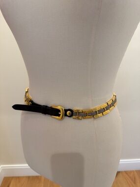 Vintage Milos Gold & Silver Chain-Link Belt with Black Leather Accents.